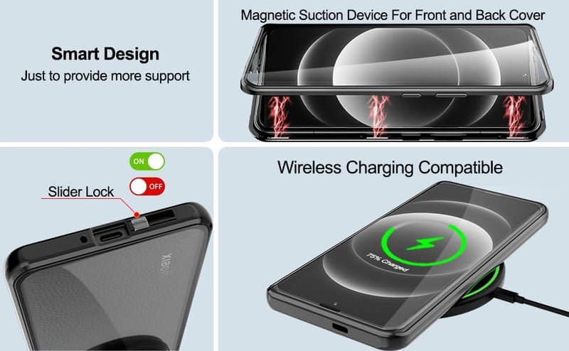 Xiaomi 14 Ultra mágneses tok - 360°-os védelem, alumínium keret, fekete