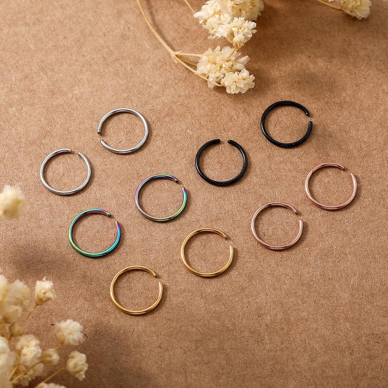 DIVINA VITAE 10 Részes Orr Piercing Szett - Rozsdamentes Acél Karika, Hamis Orr és Ajak Gyűrű, 20g 8mm, Septum és Porc Karika Férfiaknak és 