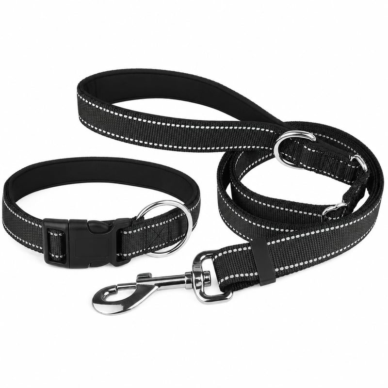 PcEoTllar Párnázott Kutya Nyakörv és Póráz Szett Fényvisszaverő Neoprén Nylon Fekete — Ez nem L-es hanem XL-es (állapot: lásd a 2. képet)