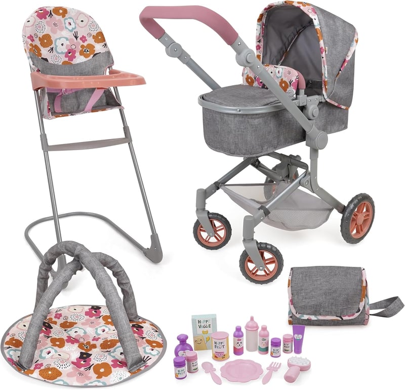 509 19 részes babaápolási szett babakocsi, etetőszék, játszócsarnok, 53 cm-es babákhoz