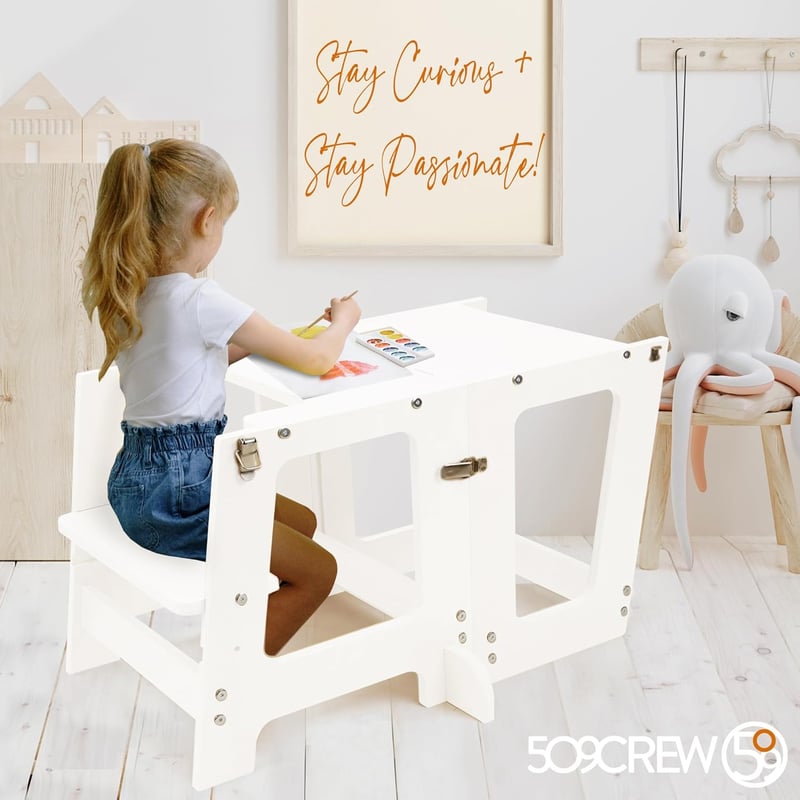 509 Prema 3in1 Tanulótorony Táblával - Gyerek Konyhai Segítő, Montessori Fellépő, Átalakítható Gyerekasztallá és Székké, Fehér, 50kg Teherbí