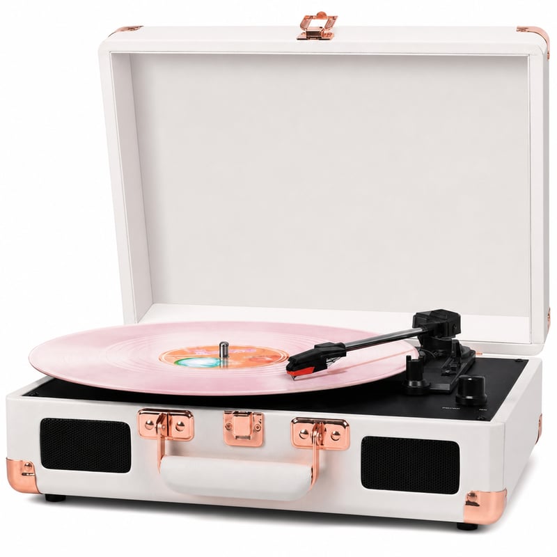 RetroAudio kofer gramofon s ugrađenim zvučnicima — neispravan, djelomično radi: slomljen vijak, opruga ne radi (stanje: vidi 2. sliku)