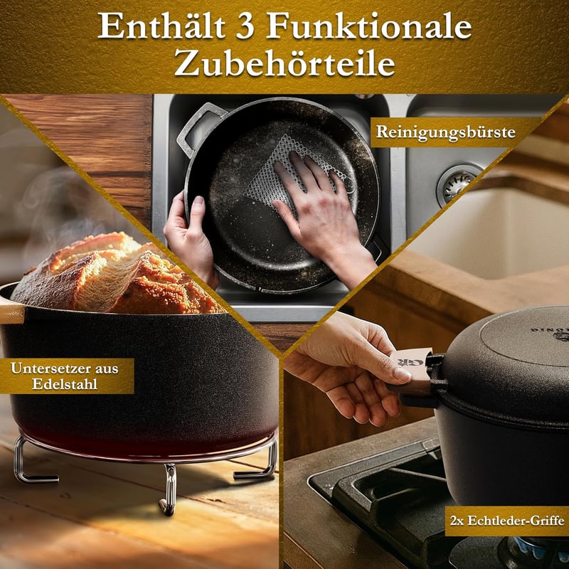Gusskönig 2in1 Öntöttvas Kenyérsütő Edény 4,8L & Grill Serpenyő 1,8L - Kenyérsütő Forma Fedővel, Tapadásmentes Fekete Öntöttvas Fazék Kiegés