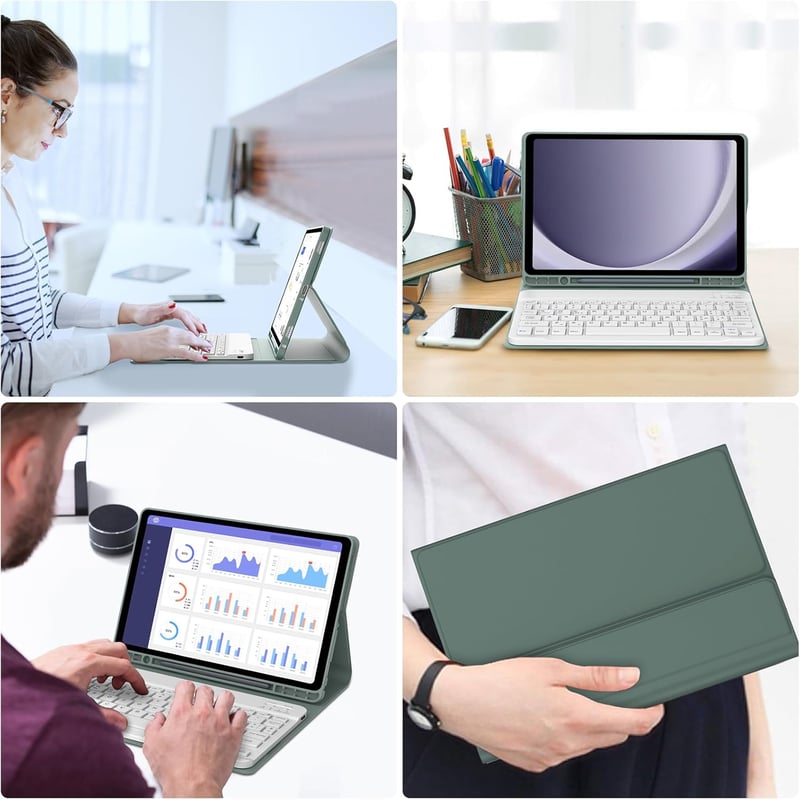 JADEMALL Bluetooth Billentyűzetes Tok Samsung Galaxy Tab A9+/A9 Plus 11" Tablethez, Tolltartóval, Sötétzöld-Fehér, SM-X210/X215/X216/X218 Mo