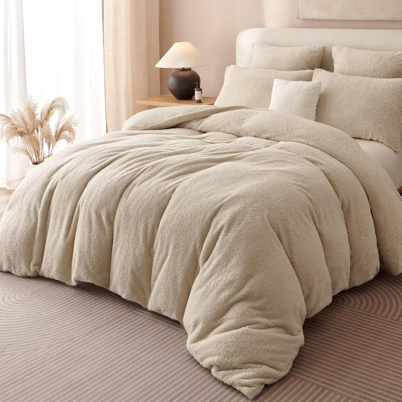 Tospass Plüss Ágynemű 200x200 cm Bézs Teddy Fleece Mikroszálas Huzat Cipzárral - Puha Téli Garnitúra 2 db 80x80 cm Párnahuzattal - Cashmere 
