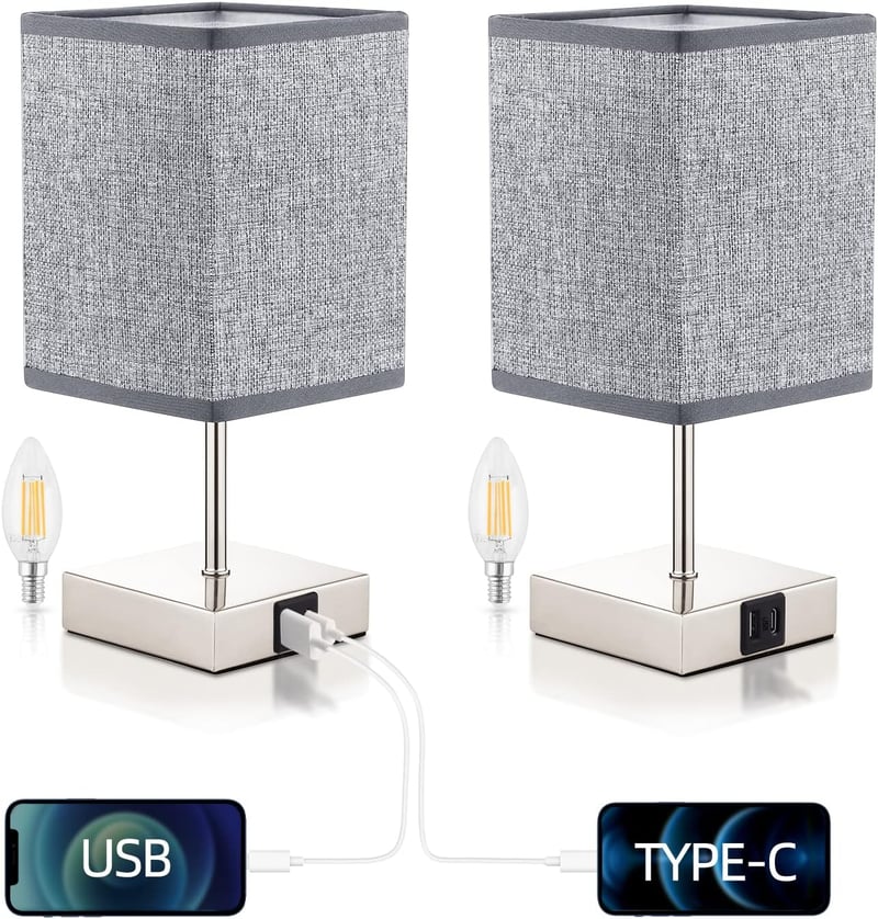 Vintage LED éjjeli lámpa szett, érintős fényerőszabályzással, USB és Type-C töltővel