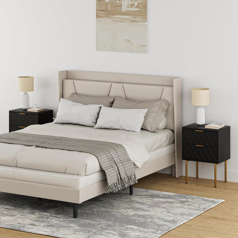 HEYZOEY Éjjeliszekrény 2 fiókkal, modern boho stílusú, fekete-arany