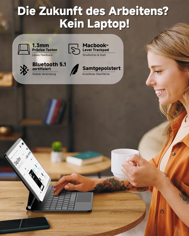 Nuflaz X9 Billentyűzetes Tok iPad Air 13" (2024/2025) & iPad Pro 12.9" (3-6. Gen) - QWERTZ Német Billentyűzet Érintőpaddal, 7 Színű Háttérvi - Black Grey