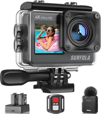 Surfola 4K 60FPS Akciókamera, 40M Vízálló, WiFi, EIS Stabilizátor, 170° Széles Látószög, Dupla Kijelző, Vezeték Nélküli Mikrofonnal, 2 Akkum 1