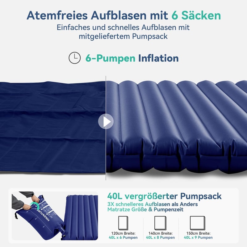 Hikenture Ultrakönnyű Dupla Kempingmatrac - Felfújható Matrac 2 Személynek, Lábpumpával, 200x120cm, Túrázáshoz, Kempingezéshez, Sötétkék