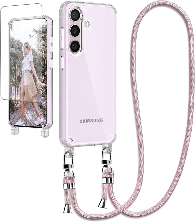 Ciciber Átlátszó Telefontok Samsung Galaxy A55 5G Készülékhez - Nyakba Akasztható Pánttal és Képernyővédővel, Tartós Védőtok Nyakpánttal