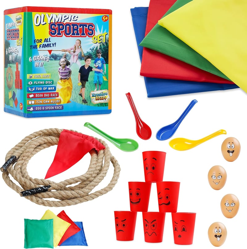 KreativeKraft Kerti Játékok Szett Gyerekeknek - Zsákugrás, Tojásfutás, Kötélhúzás, Dobójátékok