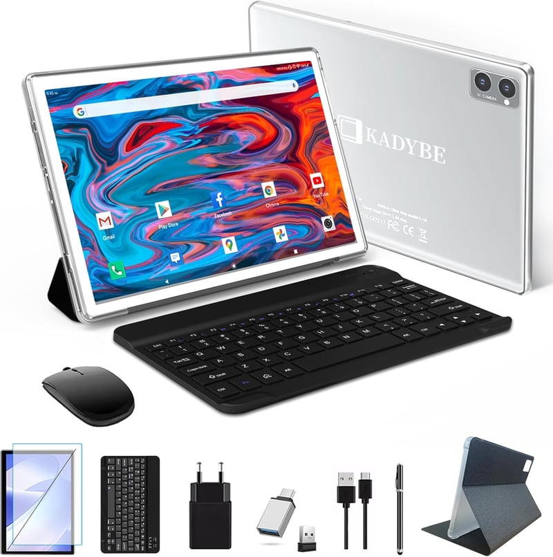 KADYBE 2024 legújabb 5G Android 12 tablet, 10" FHD, 128GB, billentyűzettel, ezüst
