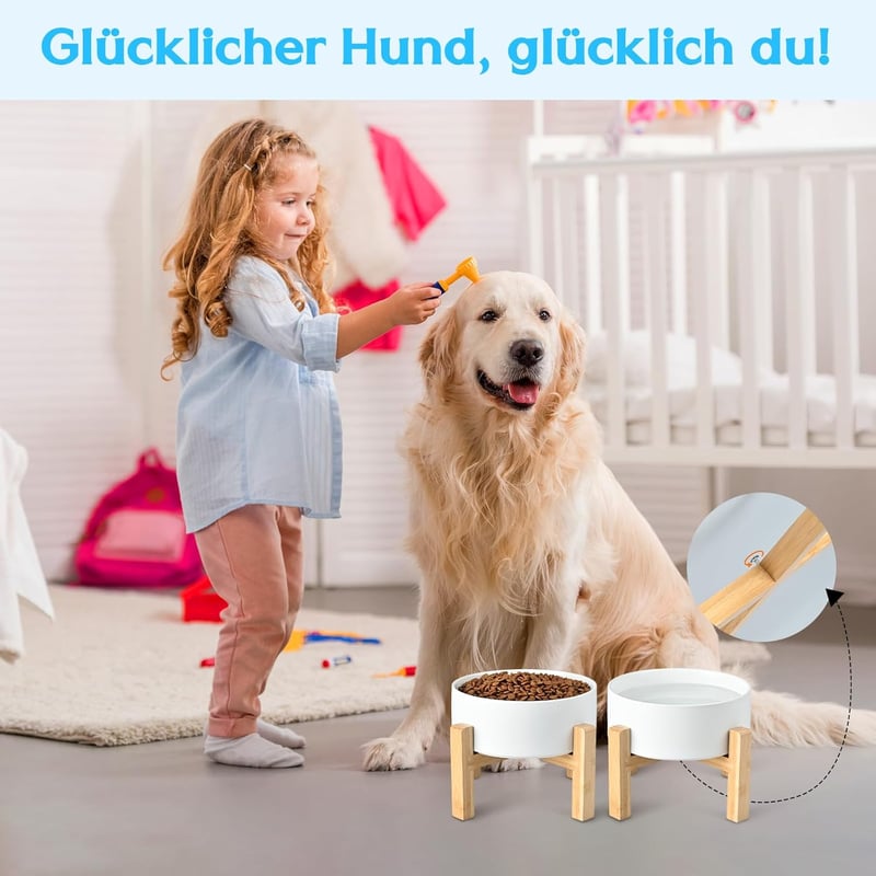 SPUNKYJUNKY Kerámia Emelt Tálka Szett Bambusz Állvánnyal Macskáknak és Kutyáknak 400ml Fehér