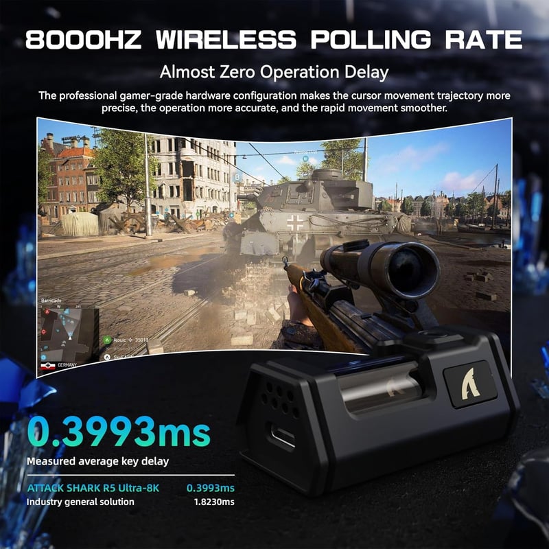 ATTACK SHARK R5 Ultra Szénszálas Vezeték Nélküli Gamer Egér, 39g Ultrakönnyű, 8000Hz Mintavételezés, 42000DPI, Háromféle Csatlakozás, Window