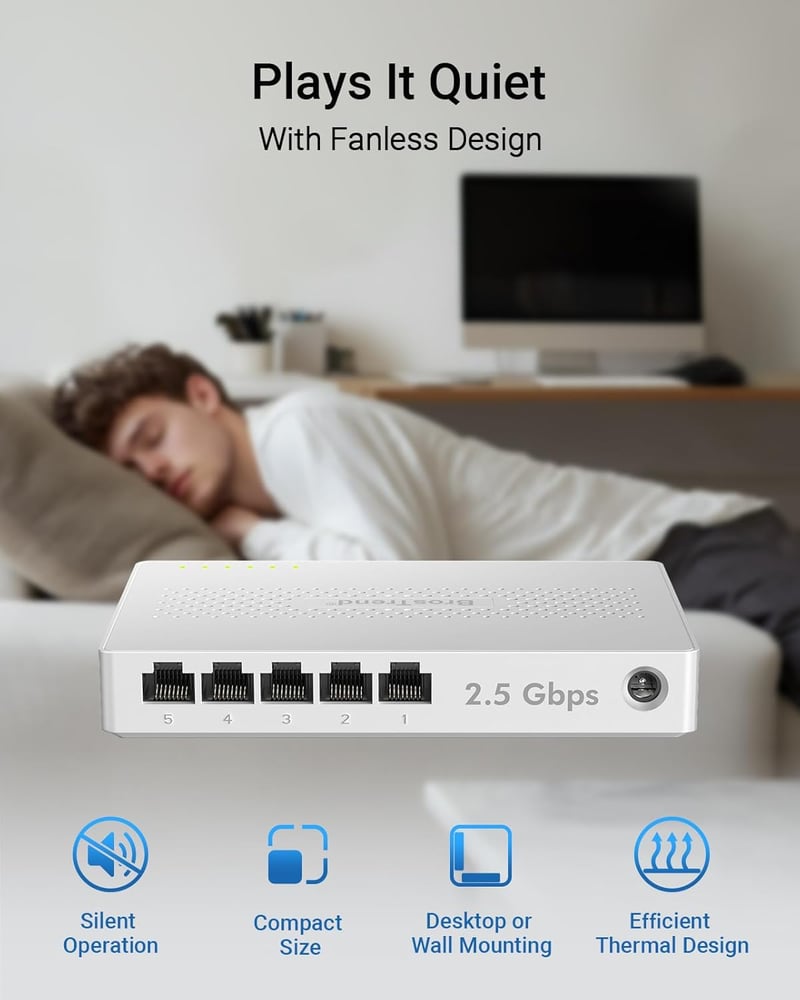 BrosTrend 5-Port 2.5G Ethernet Switch - Menedzsment nélküli hálózati elosztó játék PC és NAS szerverekhez, Plug-and-Play, ventilátor nélküli