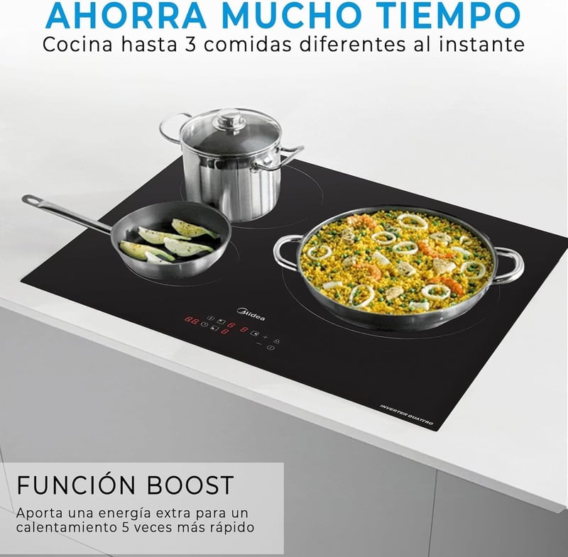 MIDEA indukciós főzőlap 3 égőfejjel 60 cm 7400 W - Integrált indukciós főzőlap érintőképernyős kezelőpanellel, Inverter Quattro funkcióval, Booster funkcióval