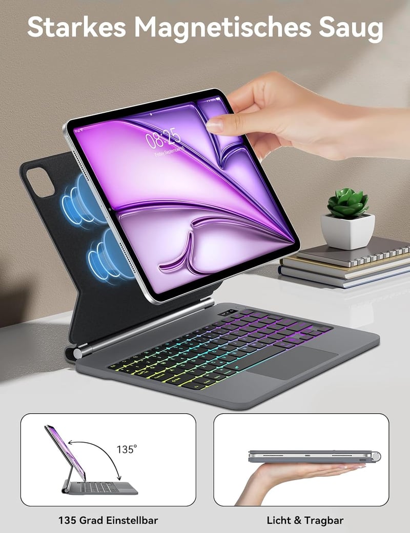 JADEMALL Magic Keyboard iPad Air 13 M2 2024 - Lebegő Állvány, Háttérvilágítás, Érintőpad és Gyorsbillentyűk, Bluetooth Billentyűzet Alumíniu