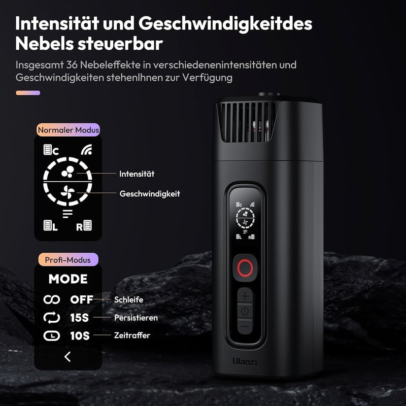 ULANZI FM01 Mini Ködgép - 40W Hordozható Füstgép 10m Távirányítóval, Akkumulátoros Ködösítő Fotózáshoz, Videózáshoz, Esküvőre, Partikra