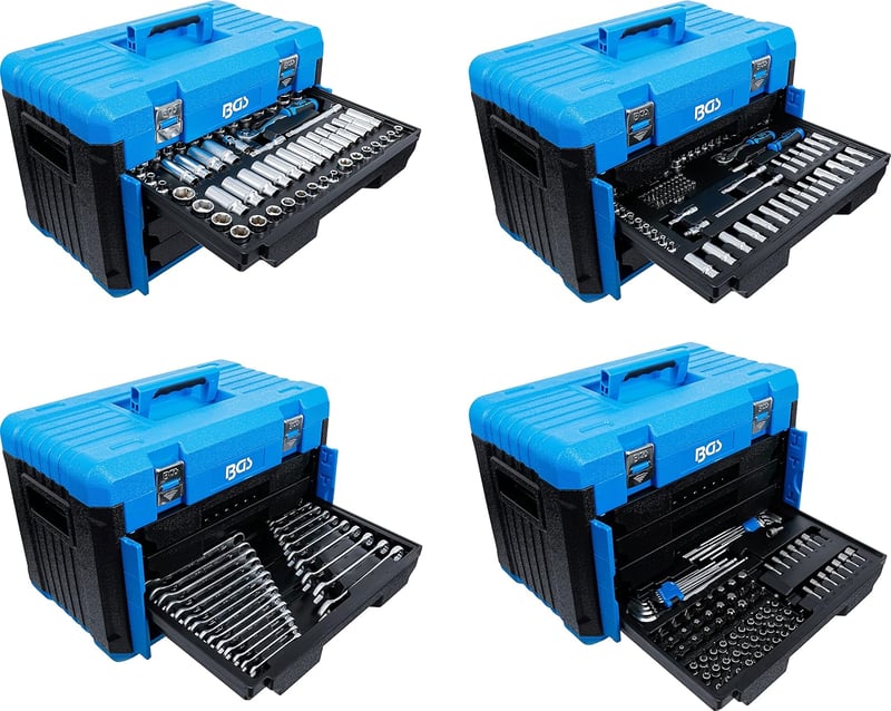 BGS 74000 Profi Dugókulcs Készlet 300 Részes - 1/4", 3/8", 1/2" Hajtásméretekkel, Metrikus és Colos Méretekkel, Króm Kivitel, Gumi Markolatt