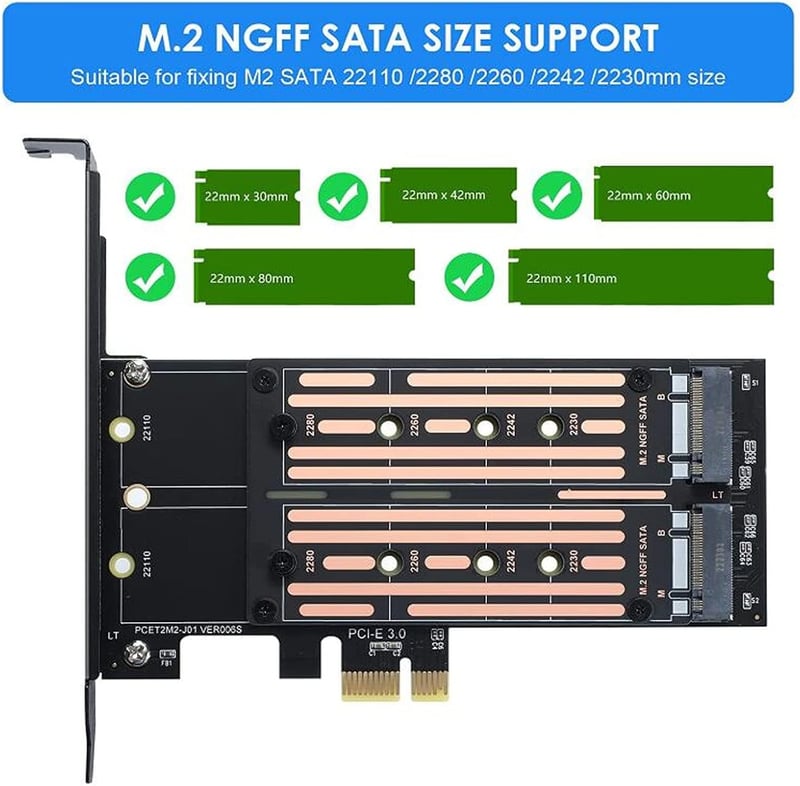 VBESTLIFE Dual M.2 NVMe SSD PCIE Adapter - 6Gbps Átalakító Kártya M2 SATA SSD-hez, Többféle Mérethez (22110/2280/2260/2242/2230), Windows/Li