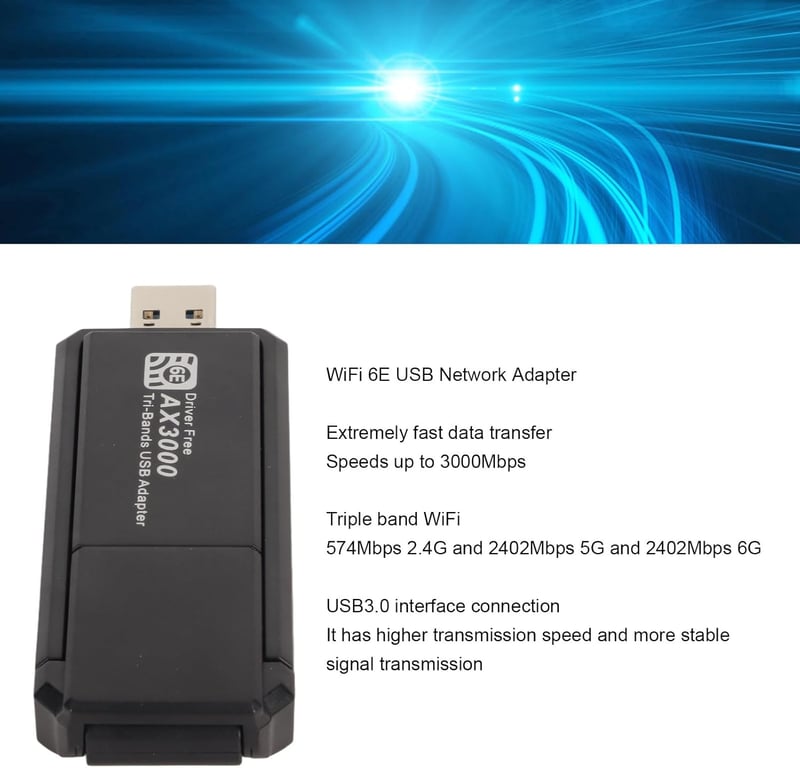 Annadue WiFi 6E USB adapter, 3000 Mbit/s, hármas sávú, Windows 10/11-hez