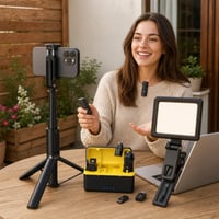 Videóvarázs kezdőcsomag: tripod szelfibot távirányítóval + gyűrűlámpa + csíptetős mikrofon töltőtokkal 1