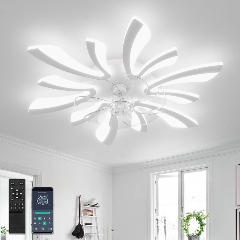 YUNLONG 78 cm Modern Mennyezeti Ventilátor LED Világítással - Távirányítós, Szabályozható, 7 Lapátos, Csendes, Fehér, Nyári-Téli Üzemmód, Há