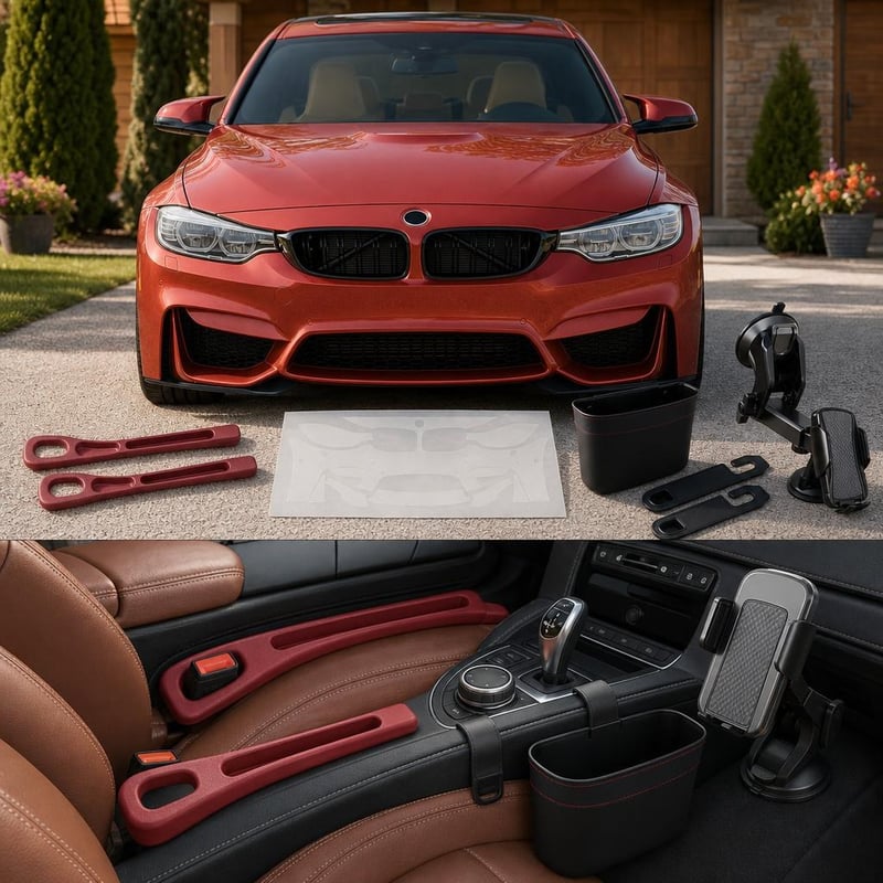 Pachet organizare auto: 7x folie protecție + 2x organizator spațiu + 2x cârlig cu coș + suport telefon