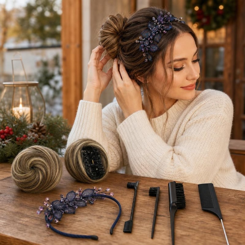 Set coafură festivă: 2 mini clame coc + accesoriu păr Crăciun + set 3 perii coafat