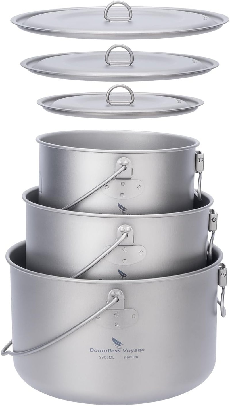 iBasingo Titán Kemping Edénykészlet - 3 db Fedeles Fazék (1,3L, 1,95L, 2,9L) Túrázóknak