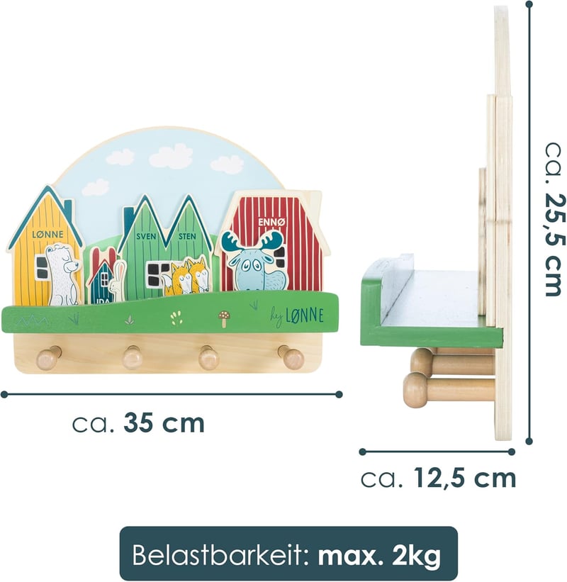 HEJ LØNNE gyerek fali fogas 4 akasztóval és polccal, 35 cm - Óvodai és babaszobai ruhatároló