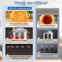 AMZCHEF Egyzónás Indukciós Főzőlap 3500W - Dupla Körös, 9 Fokozatú, Fekete Üvegkerámia, Időzítővel és Túlmelegedés Elleni Védelemmel 2