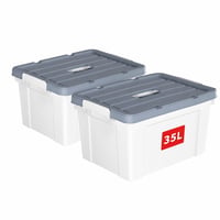 Cetomo 35-litrový biely plastový úložný box so sivým vekom a rúčkami, stohovateľný, 2 ks (neúplná súprava) 2