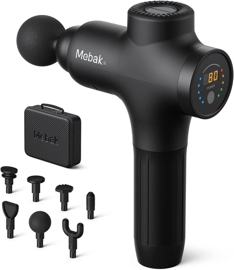Mebak 3 Masszázspisztoly - 3200 RPM, 12mm Amplitúdó, 5 Fokozat, 7 Fej, Izomfájdalom Enyhítésre, Mély Szöveti Masszírozó, Nyak, Hát, Test