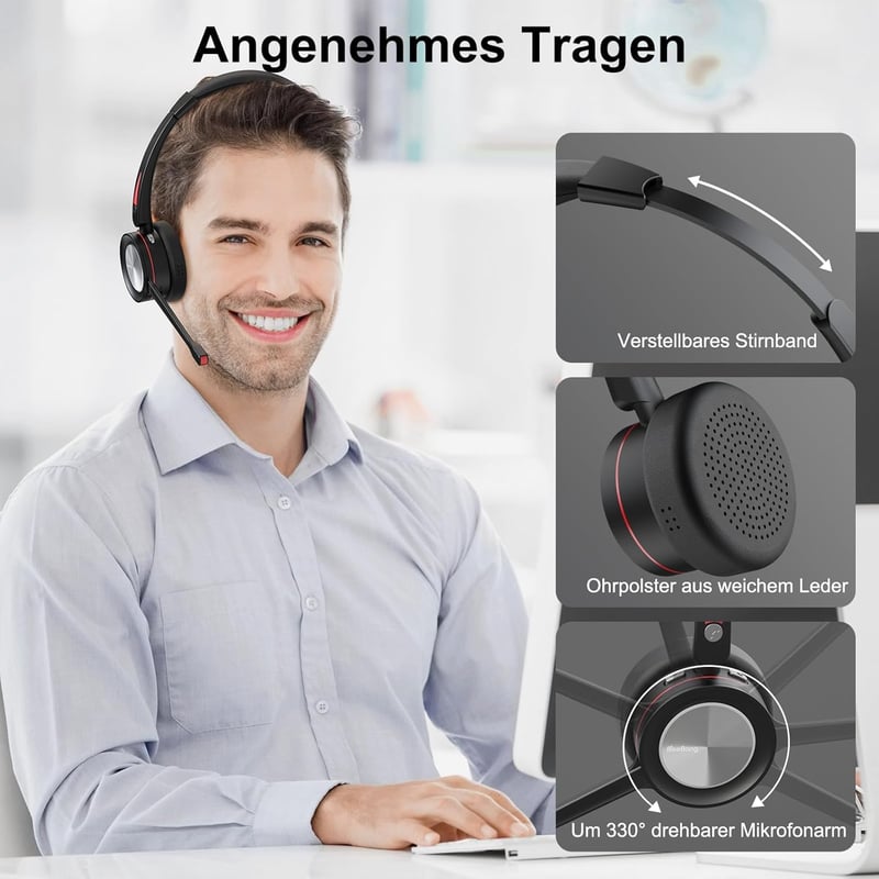 Beebang Bluetooth Headset Mikrofonnal PC-hez - Vezeték Nélküli Fejhallgató USB Adapterrel és Töltőállomással, 40 Órás Üzemidő, Teams és Skyp