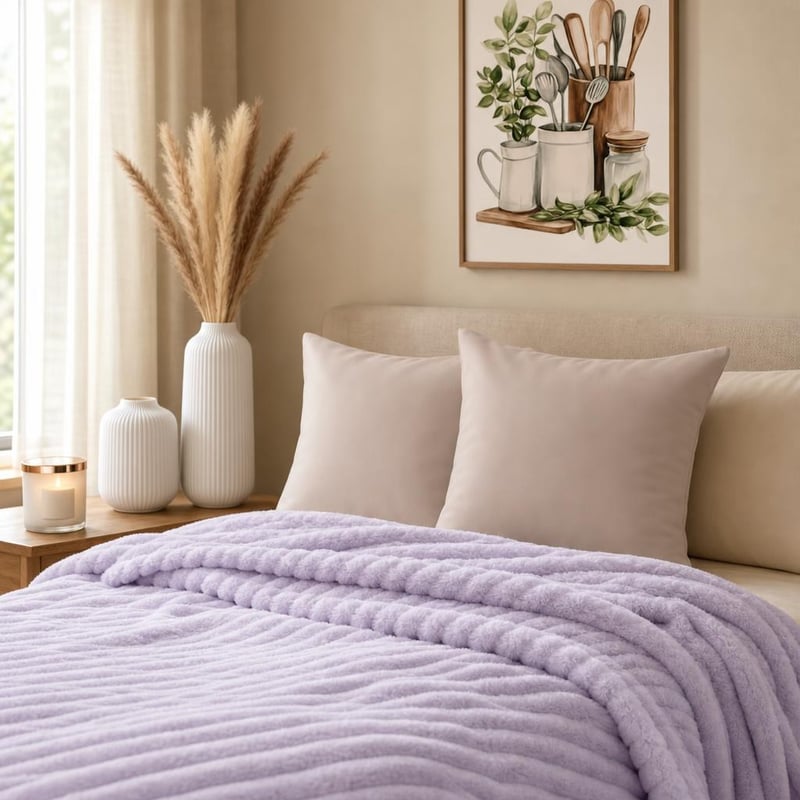 Pachet Decor Relaxare: 2 huse pernă + pled lavandă + 2 vaze + tablou botanic + lumânare vanilie