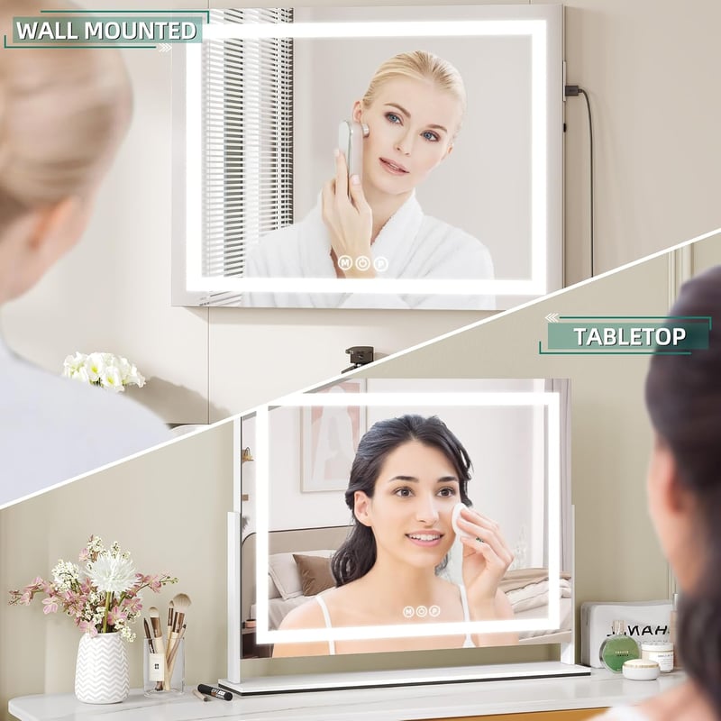 Sminktükör 50x62,5 cm LED Világítással - 3 Színhőmérsékletű Hollywood Tükör Érintésvezérléssel, 10X Nagyítással, USB 