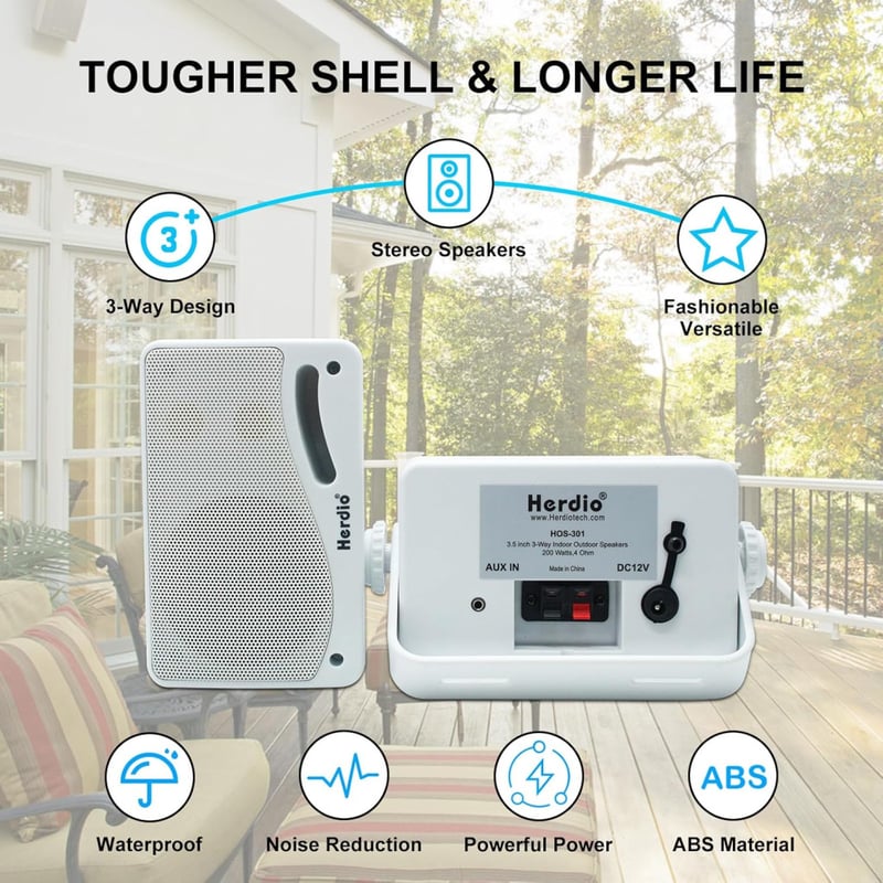 Herdio 3,5" Bluetooth Kültéri Hangszórópár, 200W, 3-Utas, Vízálló, Falra Szerelhető, Hajóra, Teraszra, Kertbe - Fehér