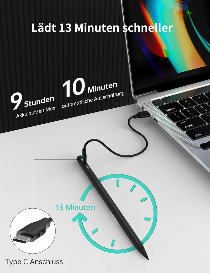 MEKO Stylus Digital pentru iPad 2018-2024, Încărcare Rapidă, Respingere Palmă și Sensibilitate la Înclinare, Compatibil iPad Pro/Air/Mini, Negru