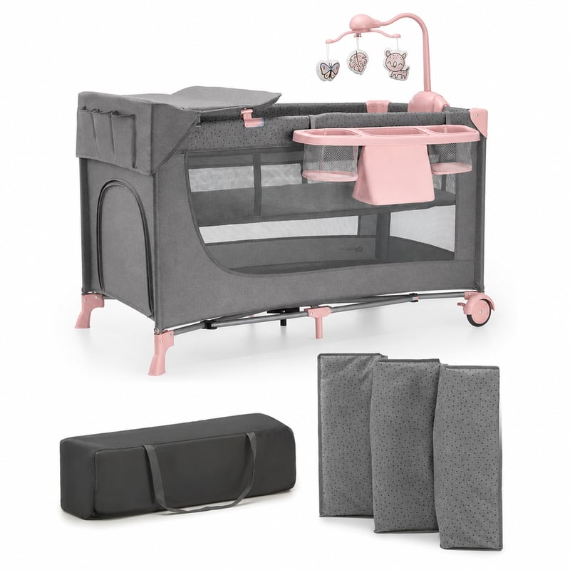 Kinderkraft Joy 2 ACC Sklopivi dječji putni krevetić, 120x60 cm, od rođenja do 15 kg, s vrtuljkom s igračkama, siva