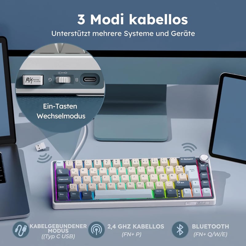 RK ROYAL KLUDGE R65 Mechanikus Billentyűzet Cream Switch - Vezeték Nélküli Bluetooth Gamer Keyboard Kék Színben 3750 mAh Akkumulátorral
