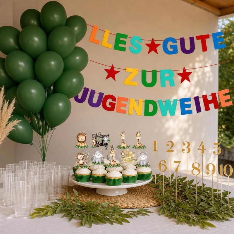 Dzsungelzsúr dekor: 60 db zöld lufi + 3 m girland + 50 db pohár + 24 db cupcake-dísz + 11 db számkártya