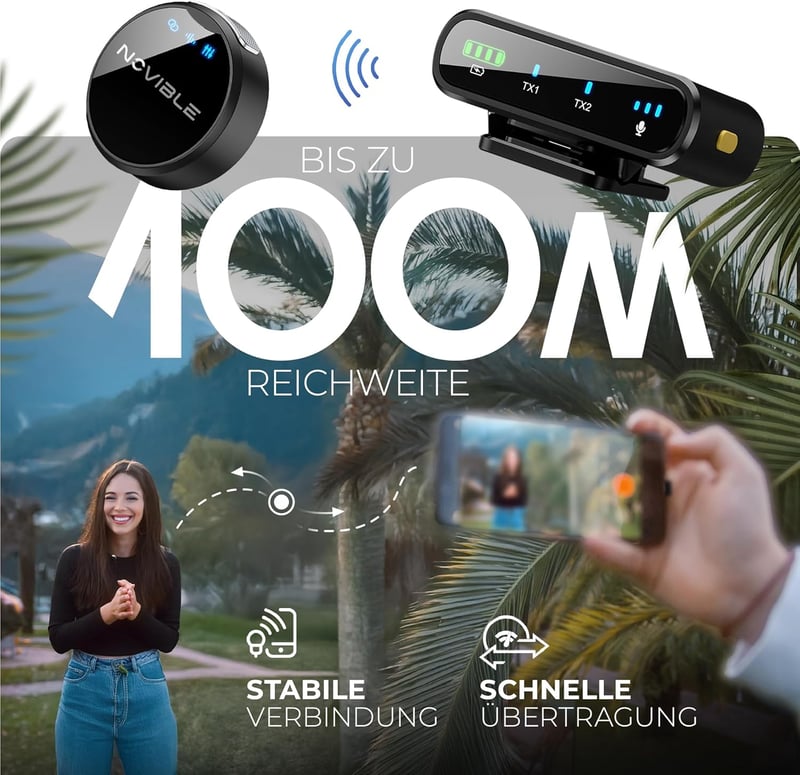 Novible Aura Lite Vezeték Nélküli Csíptetős Mikrofon iPhone, Android, Kamera és PC Eszközökhöz - 25 Órás Üzemidő, Zajszűrés, 100m Hatótáv