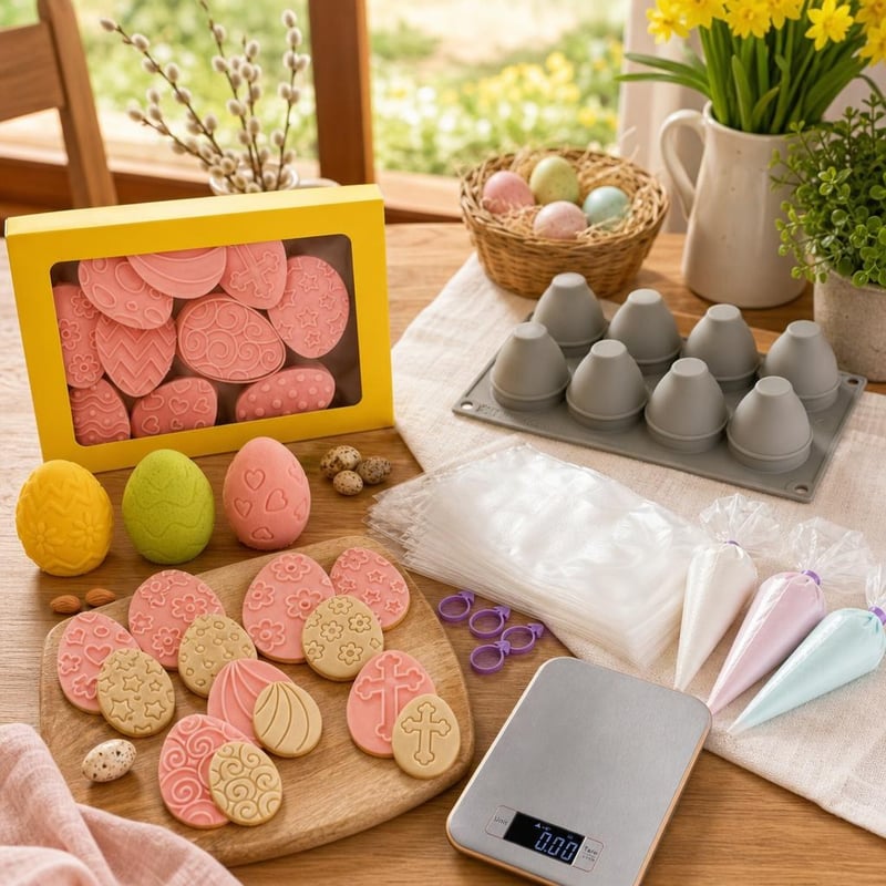 Set complet pentru Paște: 10 forme biscuiți + 11 forme ouă + 100 poșuri + cântar 5kg