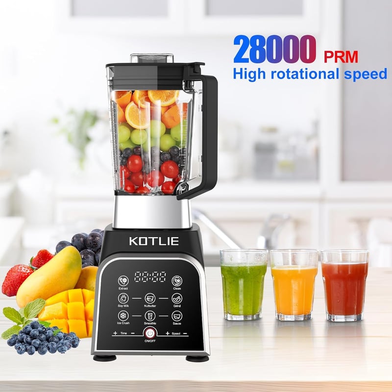 KOTLIE BS-0212 Turmixgép 2000W - 2 Literes BPA-mentes Smoothie Készítő 8 Intelligens Programmal, 6 Rozsdamentes Acél Pengével, Érintőképerny