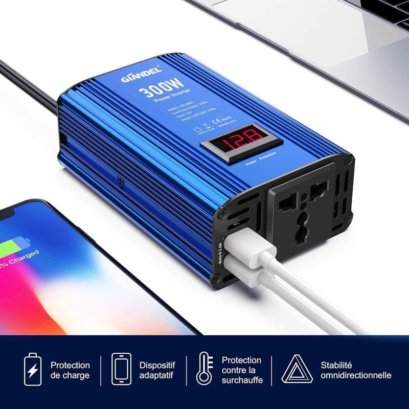 GIANDEL 300W Szivargyújtós Inverter LED Kijelzővel, USB-vel - 12V/220V Autós Áramátalakító