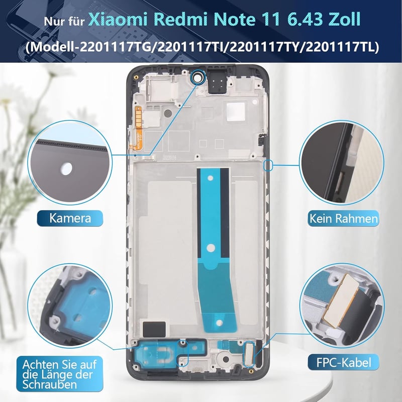 RongZy Xiaomi Redmi Note 11 LCD Kijelző és Érintőpanel Csere Kerettel - Fekete Színben, Szerelő Eszközökkel, Kompatibilis 2201117TG/TI/TY/TL