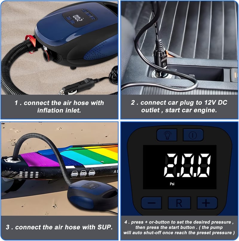 Ruitx Elektromos SUP Pumpa 20PSI - 12V Autós Nagynyomású Levegőpumpa Automata Kikapcsolással Kajakokhoz, Matracokhoz, Vízi Sportokhoz - blue, /