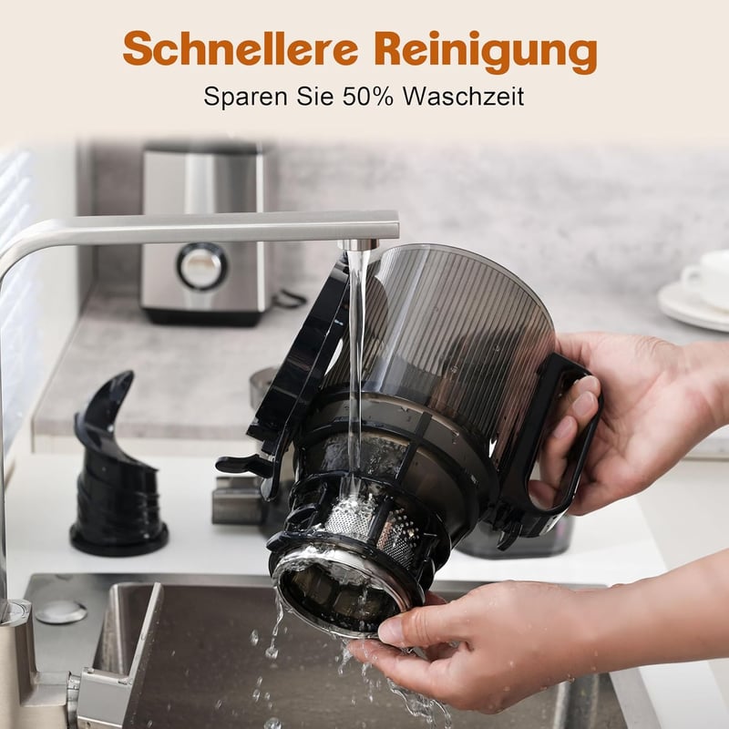 Fretta Slow Juicer 250W Gyümölcs- és Zöldségprés - Rozsdamentes Acél Hidegprés 135mm Széles Adagolónyílással, Visszaforgató Funkcióval, BPA-